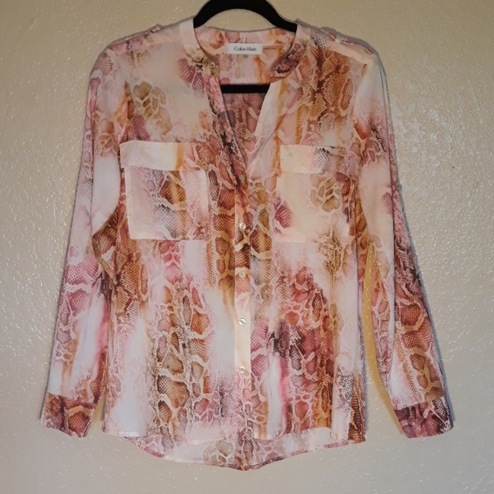 XS Calvin Klein Long Sleeve Blouse Pink Snake Skin